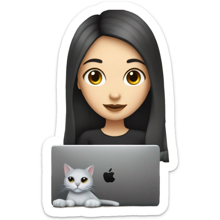 A white skin girl with black hair is working at the laptop with a coffee and a grey cat sticker