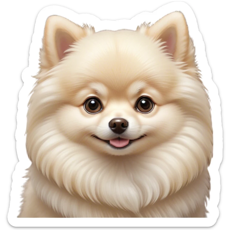 Cinematic Cute Cream Pomeranian Portrait Emoji, Head tilted playfully and inquisitively, featuring a luxurious, fluffy cream Fur with a natural sheen, round, sparkling dark eyes filled with curiosity, Simplified yet irresistibly adorable features, highly detailed, glowing with a warm, friendly glow, high shine, affectionate and lively, stylized with a touch of whimsy, bright and endearing, soft glowing outline, capturing the essence of a mischievous yet loving pup, so playful it feels like it could scamper out of the screen and into your arms! sticker