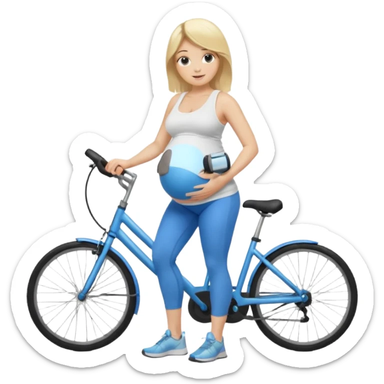 Woman blonde hair white tank top blue leggings pregnant belly holding a bike pump sticker