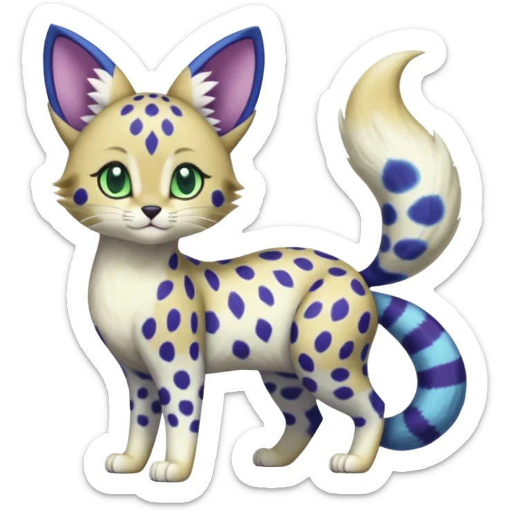 Exotic tropical shiny cute realistic Cobalt-Blue green purple black white Purloin-Meowstic-Minccino-Cinccino-cheetah-Skitty-Delcatty-serval-furret-Noibat-caracal-fusion-hybrid-creature (full body) sticker