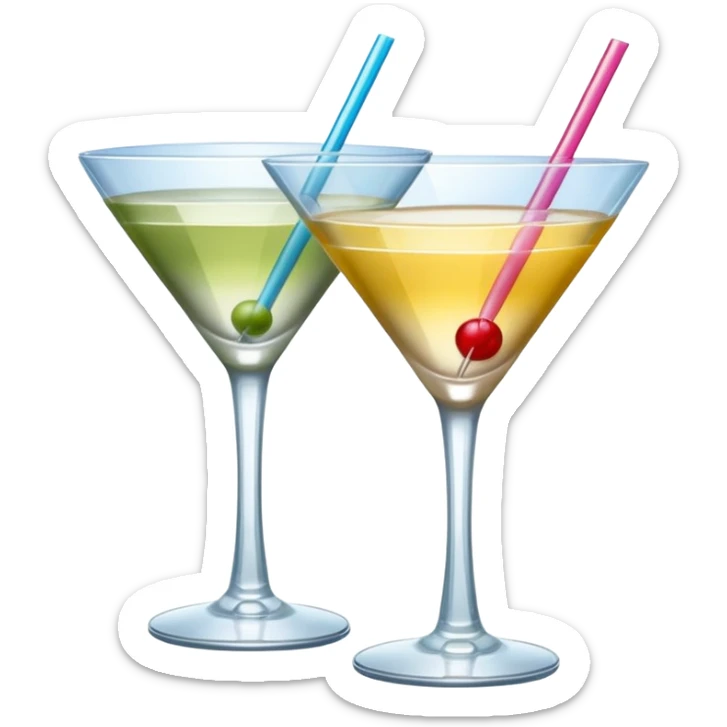 two realistic glasses of cocktail in emoji style,  martini glass shape, no straw, no fruit, no ice, no Cocktail sticks sticker