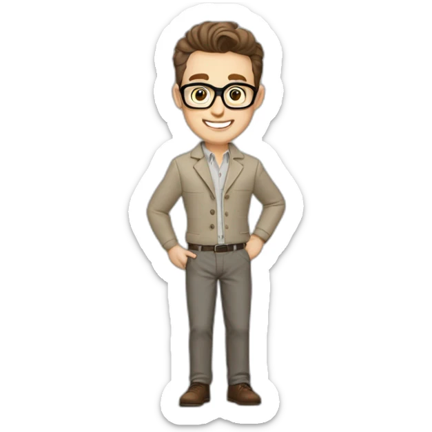 Joyful Pale skinned Fit Man With dark brown hair in gray jacket, beige office shirt, Brown pants and vintage glasses. His thrumbs up sticker