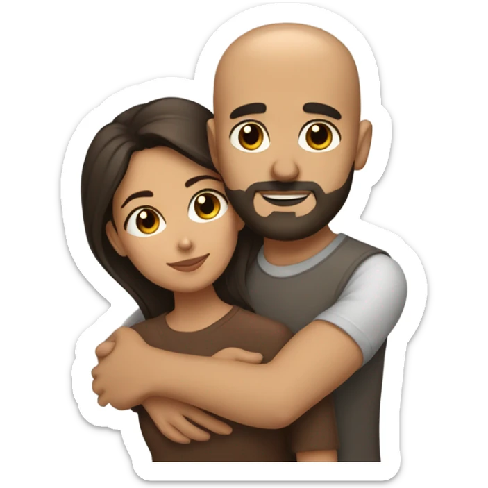 Comforting hug from brunette Puerto Rican with dark brown eyes to short, bald man with brown eyes and a beard sticker