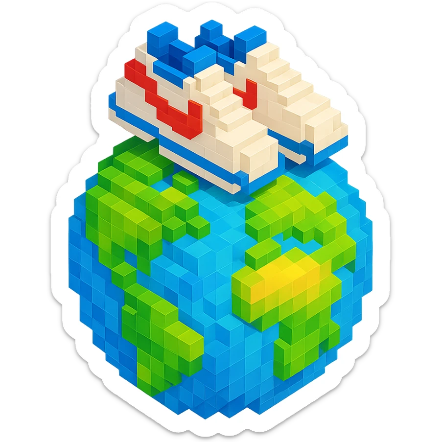 isometric view of Earth globe with a pair of Nike Cortez sneakers walking on top, voxel style sticker