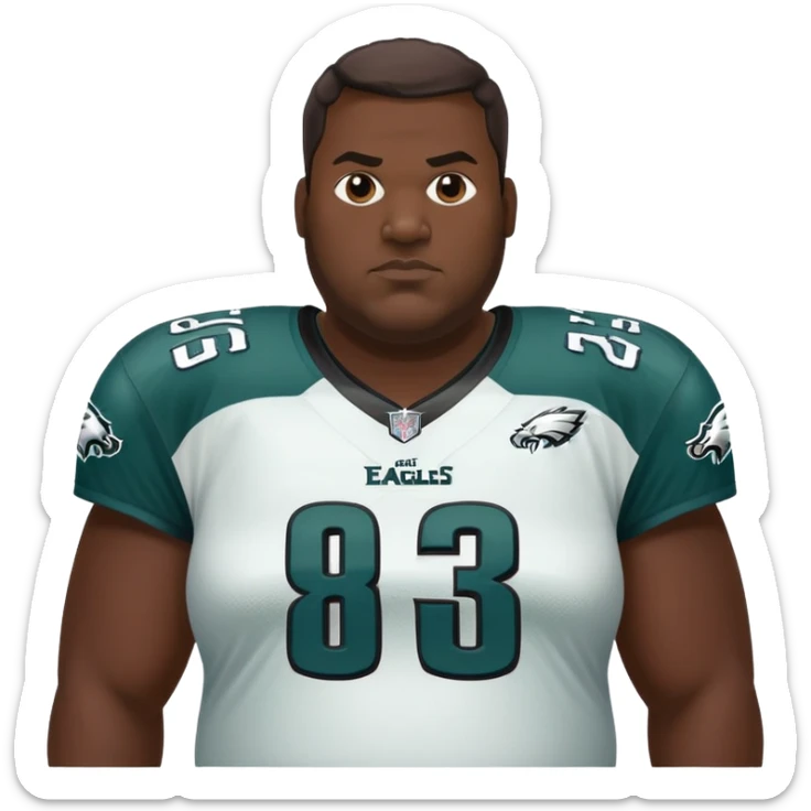 Cartoon portrait of a large man with a dark complexion and a Philadelphia Eagles jersey sticker
