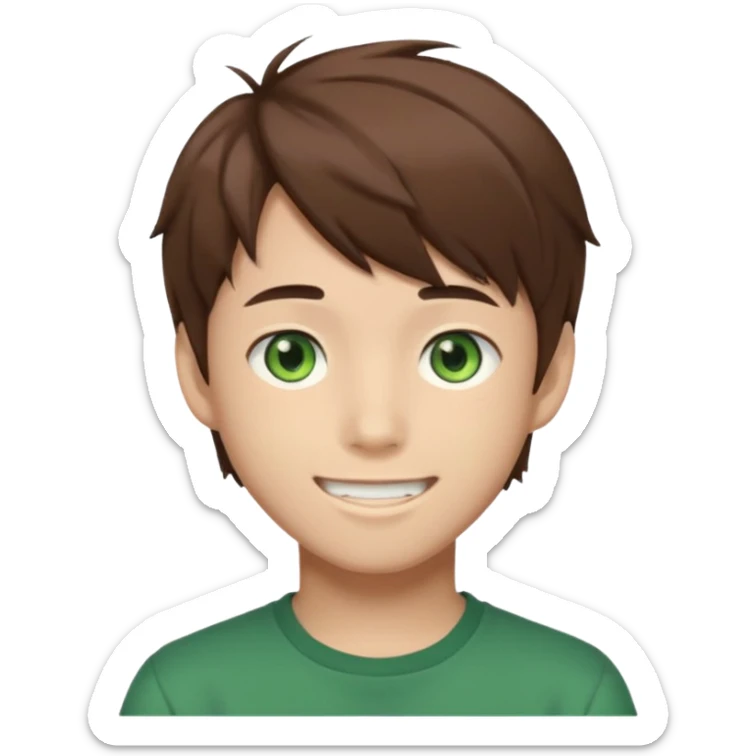 Discord emoji. the face of an Anime asian style teen boy with brown hair, green eyes, looking smiling slightly sideways positioned. Face must be main filling of the frame.  128px sticker