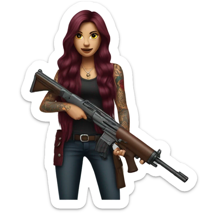 Beautiful tattooed burgundy long haired woman with a gun sticker