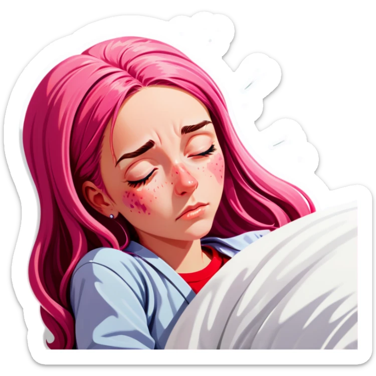 Young Woman with long pink hair In bed with sinus pain  sticker