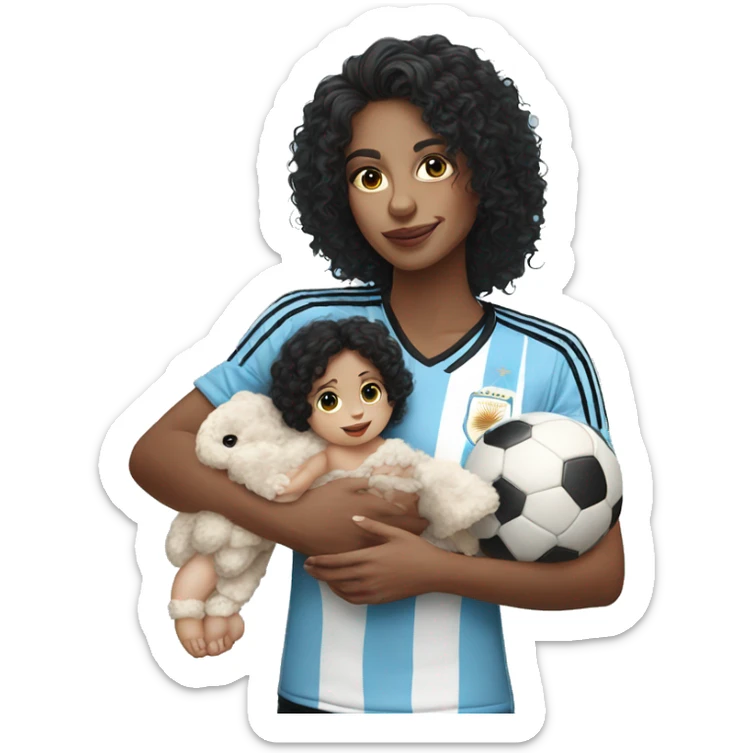 Girl with long black curly hair wearing Argentina jersey holding a baby  sticker
