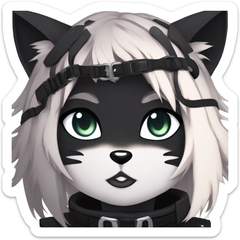 Gorgeous gothic dark techwear anime style anthro black cat furry with blushing face aesthetic and pretty edgy black with collar and harness trending style sticker