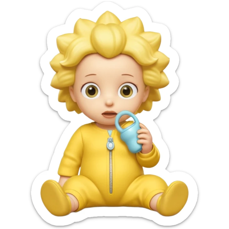 A 3D cartoon baby character entirely yellow, styled like Maggie Simpson, with pacifier, yellow onesie, big eyes, smooth shading, Memoji-style rendering, consistent with other yellow Simpsons characters. sticker