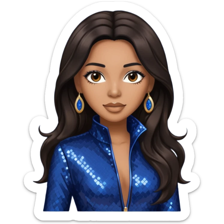 Monica, R&B Singer with long dark brown hair, dark blue sequin outfit sticker