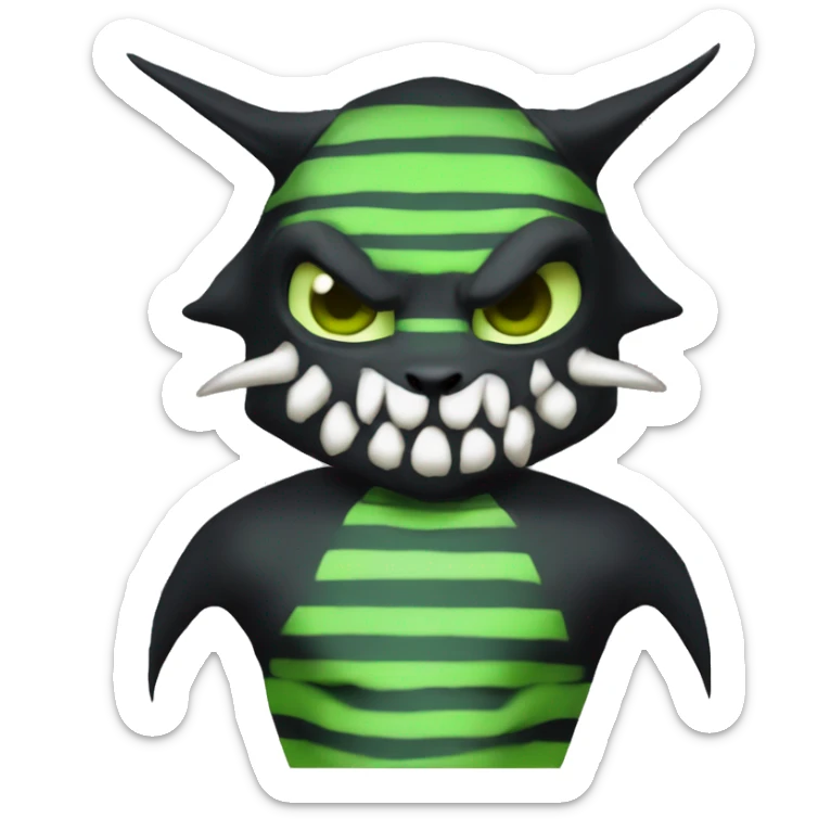 Digimon-Fakémon, horns, black body, green mane, anthro, furry, shark, black skull face, black skull mask, green stripes, tufted tail,  sticker