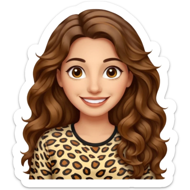 30 yr old italian woman, long brown wavy hair, big brown eyes, huge smile, animal print shirt, no bangs,  sticker