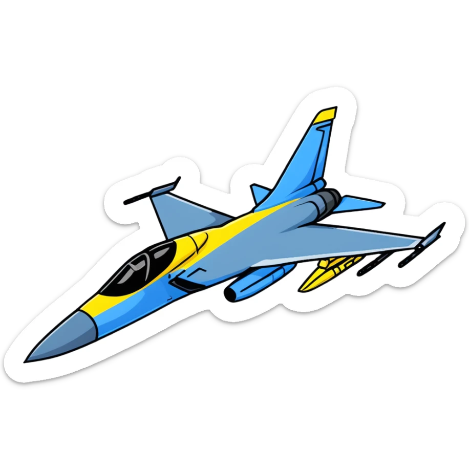 Modern Ukrainian fighter aircraft with blue and yellow flag colors, combat plane sticker