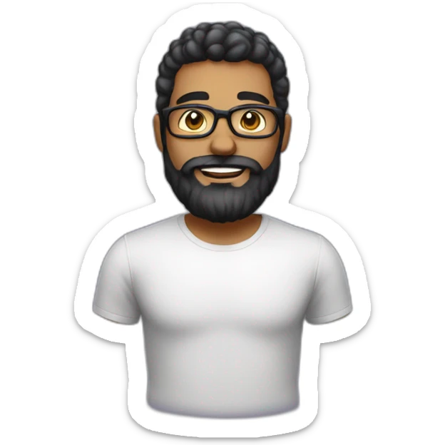 Homem branco com barba barba grande, cabelo preto, usa óculos sticker