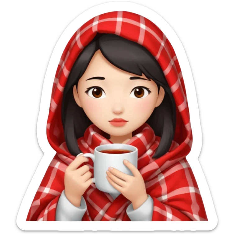 cute and sexy asian girl, feeling sick up, nose and cheecks red by blush, covered by blanket, holding tea mug in hands sticker