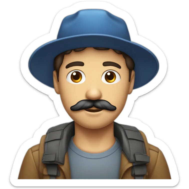 un garçons brun cheveux mi long un raie au milieux avec écouteur yeux bleus casquette et moustache peau normal sticker