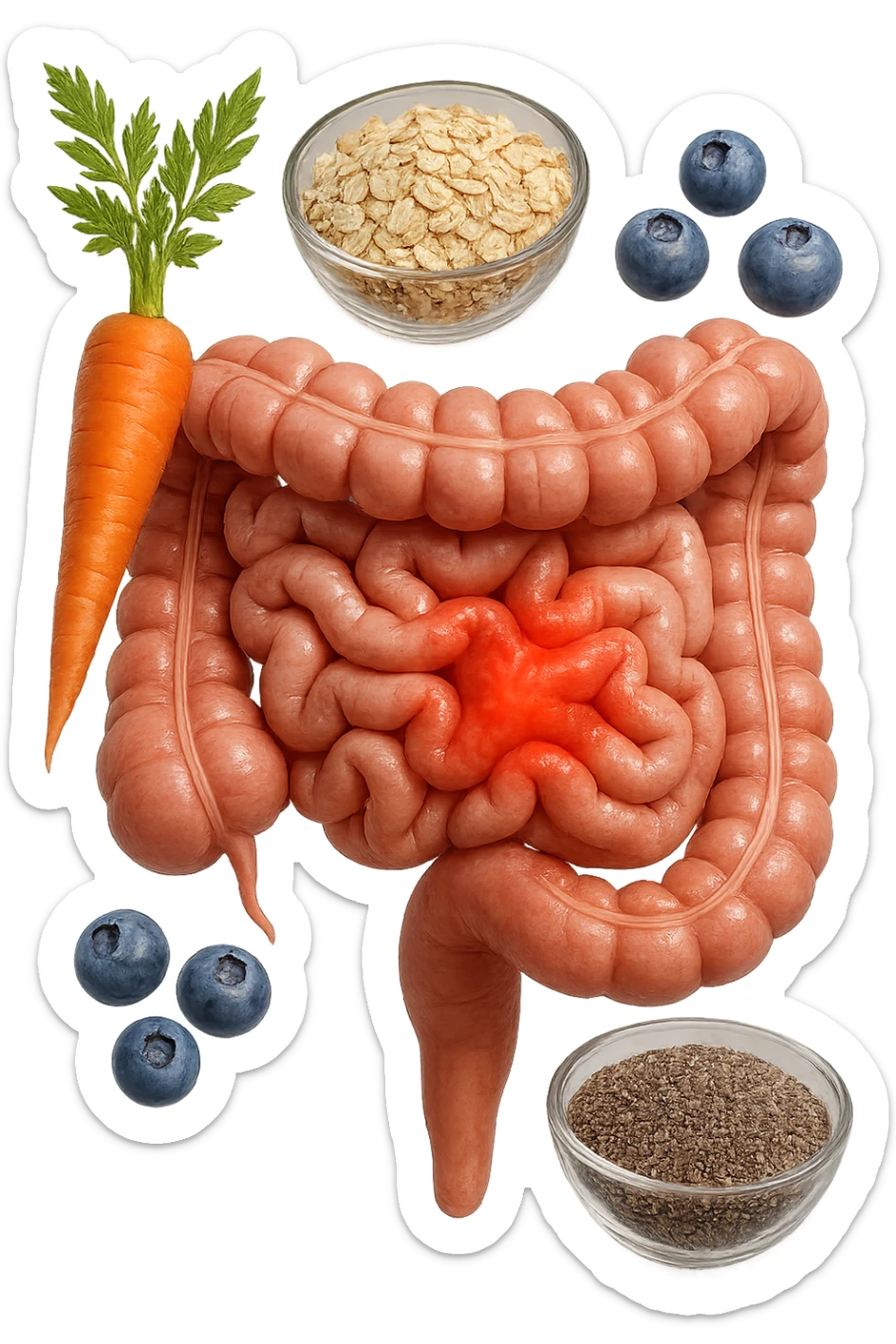 intestino umano anatomico infiammato al centro con carota, bowl di avena, mirtilli, bowl di semi di chia che gli fluttuano intorno , iperrealistico 4k sticker