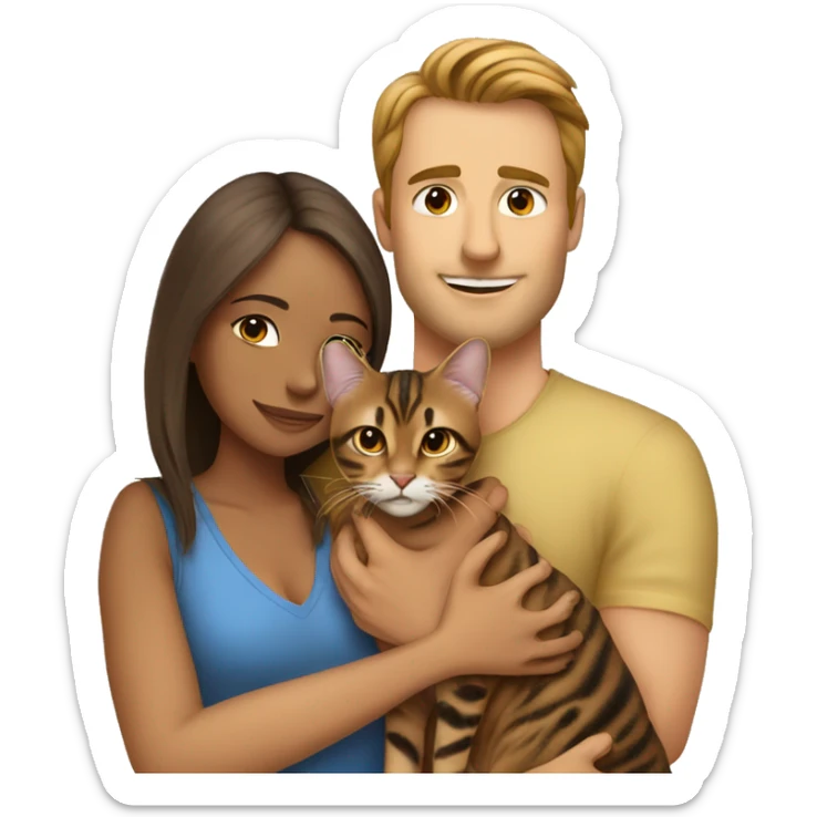 A man hugs a brown-haired skinny hot woman and a bengal cat sticker