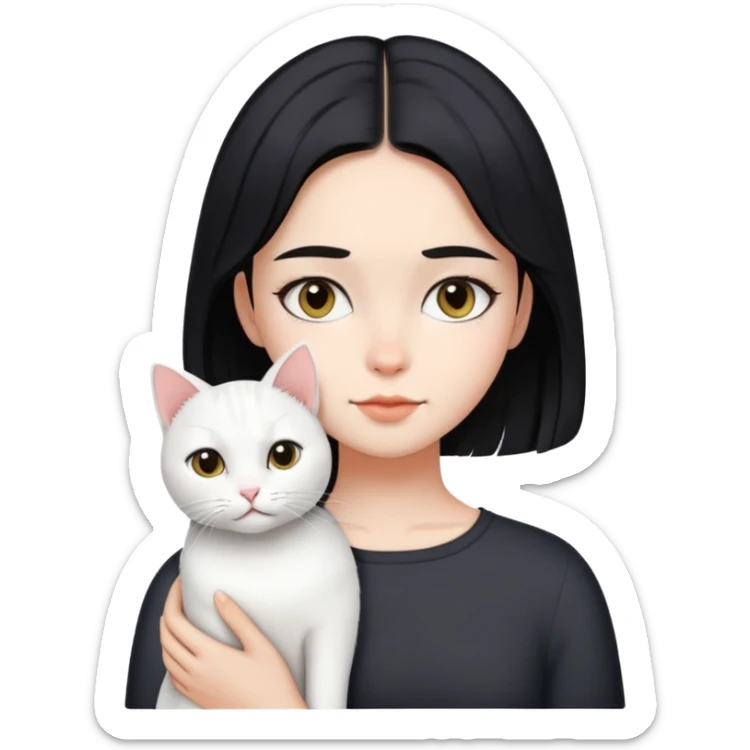 A girl with short black middle parted  hair parted in the middle, fair skin, and a white cat. sticker