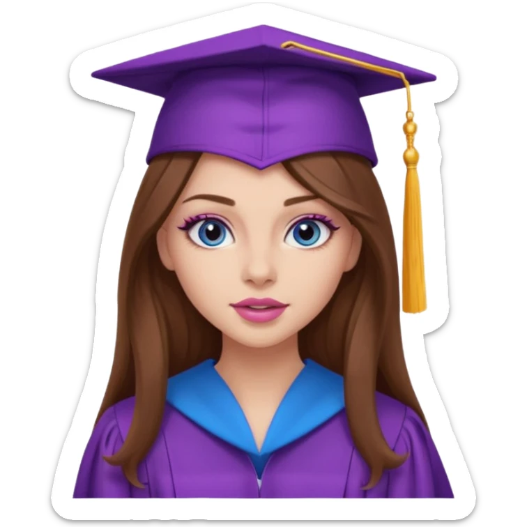 girl with gorgeous long brown hair, blue eyes, long lashes makeup, sexy pink lips, wearing a purple graduation cap and gown sticker