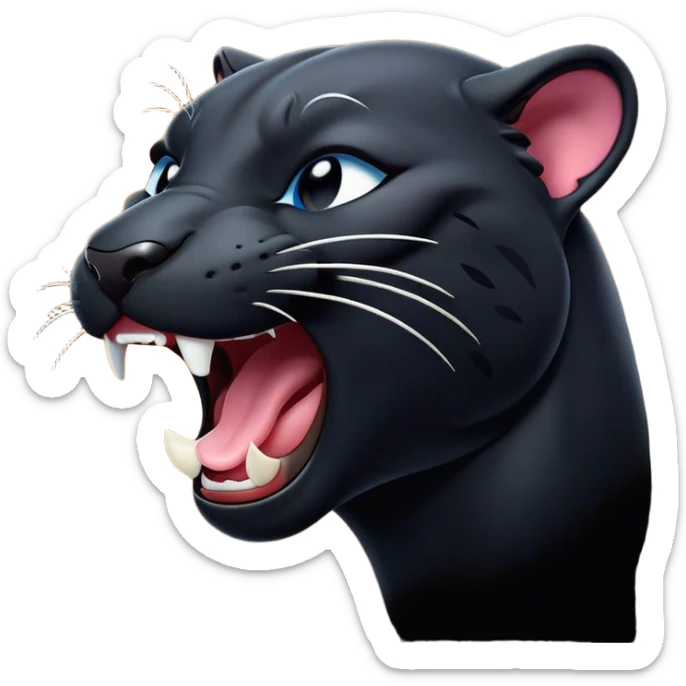 Cinematic Cute Yawning Panther Portrait Emoji, Head tilted slightly with a dramatic, wide-open yawn, showcasing a sleek, shadowy form with drowsy, half-closed eyes and a relaxed, open expression, Simplified yet irresistibly adorable features, highly detailed, glowing with a soft, cozy dark glow, high shine, relaxed yet expressive, stylized with a dash of whimsical elegance, soft glowing outline, capturing the essence of a drowsy yet affectionate jungle guardian that appears ready to stretch out for a nap! sticker
