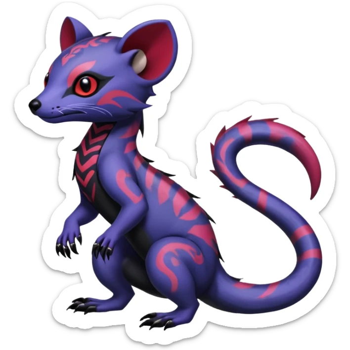 Rare warm-colored exotic gloomy tropical edgy cute epic aesthetic spooky indigo violet white black red gothic colorful Salandit-Noibat-Civet-species-Fakemon-hybrid-creature, with tribal tattoo markings, full body sticker
