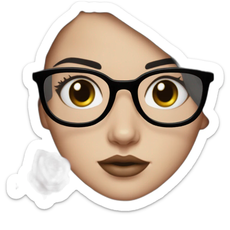 white girl, black straight hair, cat glasses, black eyed color, rose lips sticker