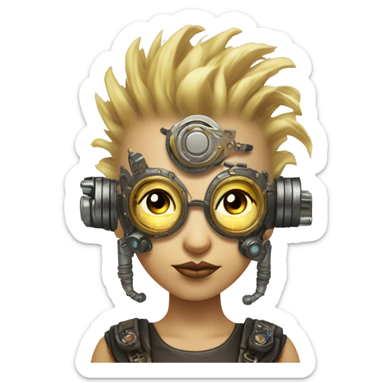 Light yellow Mohawk hair female cyborg head, tan skin, steampunk goggles and circuits sticker