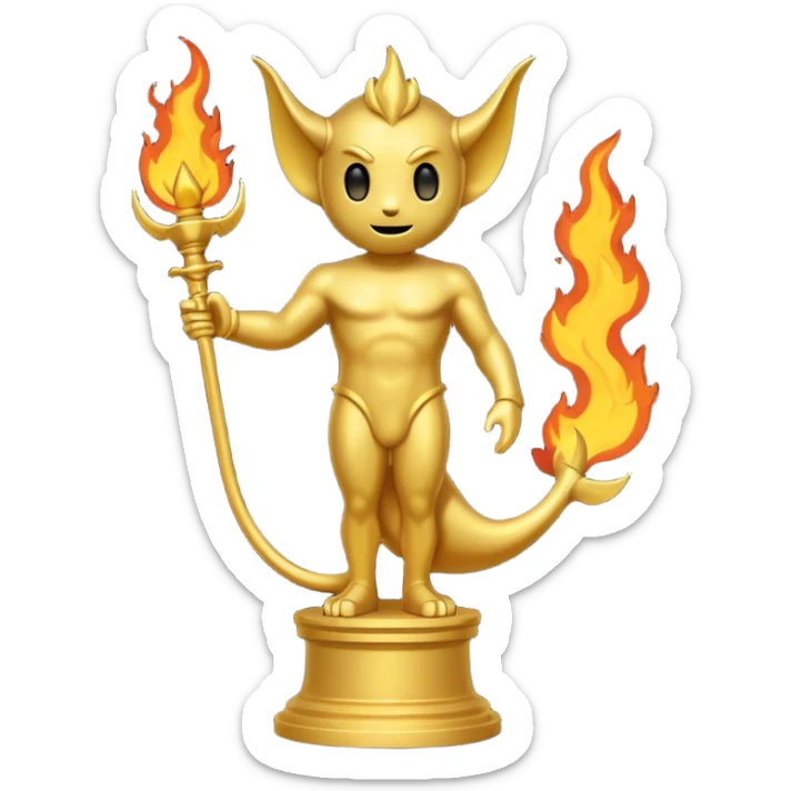 Minimalist emoji-style sticker of a full-body Oscar-like statue, completely gold, with small devil horns on the head and a pointed tail subtly wrapping around the leg. The statue stands on a dark pedestal surrounded by faint fire or smoke.  sticker