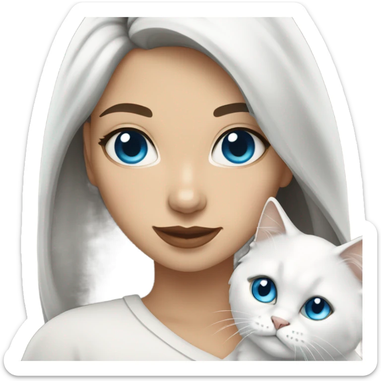 woman with dark hair and holding a all white Siberian cat with blue eyes sticker