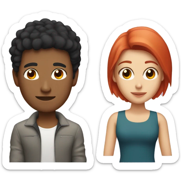 a young latino gay man with short black hair and a white woman with long red hair sticker