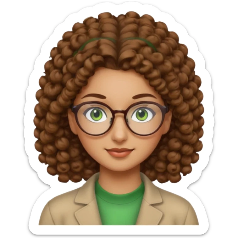 iranian woman, tight curly light brown hair in pony tail, glasses, green eyes, pretty, oval shape face sticker