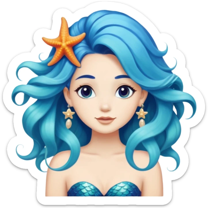 mermaid with seashells in hair, starfish earrings, ocean hair sticker