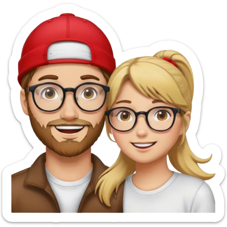A girl with brown hair and glasses is in love with a blond guy in a red cap and a blond beard sticker
