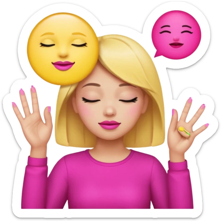 Yellow circle emoji sighing and drumming fingers up the side of their head the eye is closed it is a side profile pink lipstick and pink nails sticker