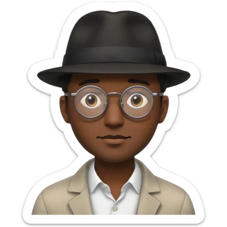 A man emoji with dark skin, wearing round glasses and a black fedora hat, with a clean-shaven face. sticker