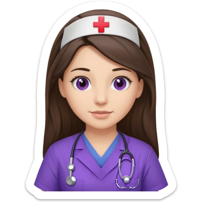 pretty brunette nurse with long hair in purple scrubs sticker