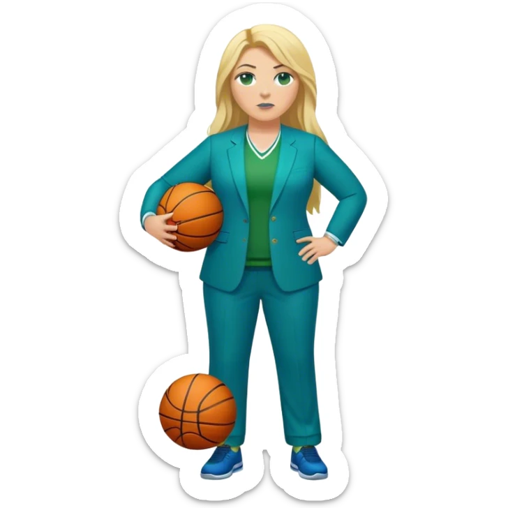 Full Body white plus size female basketball head coach with long blonde hair in a blue and green suit sticker