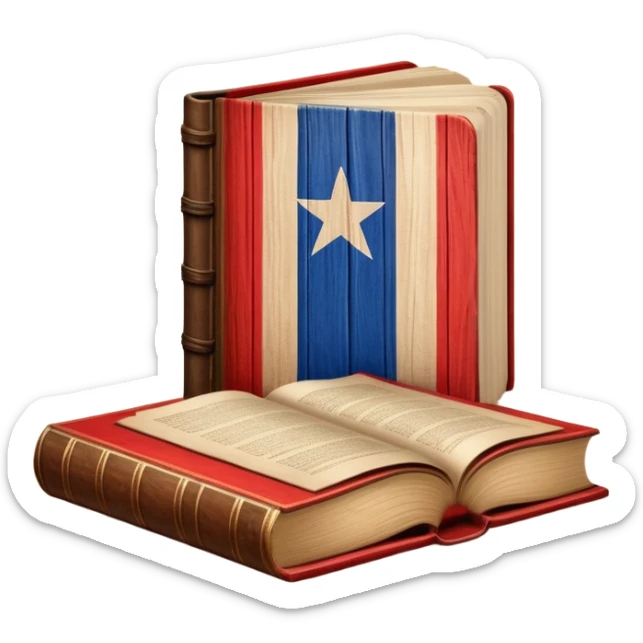 Elegant aged book with the Puerto Rican flag embossed on the cover, wooden theater stage symbol, vintage textured cover with warm wood and parchment tones, slightly glowing, representing the eternal legacy of scenic design in Puerto Rico sticker