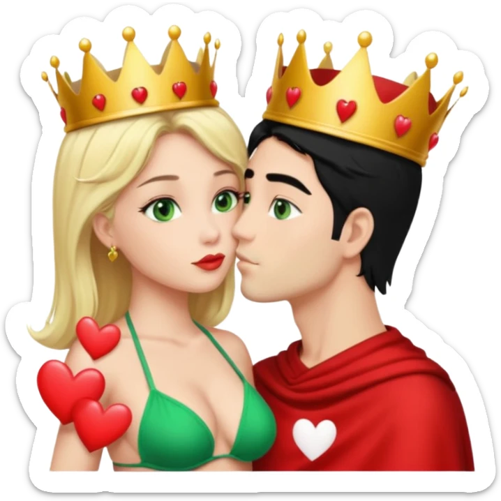 Blonde Queen with crown Green eyes Bikini whole body Kissing man black Hair Hearts  sticker