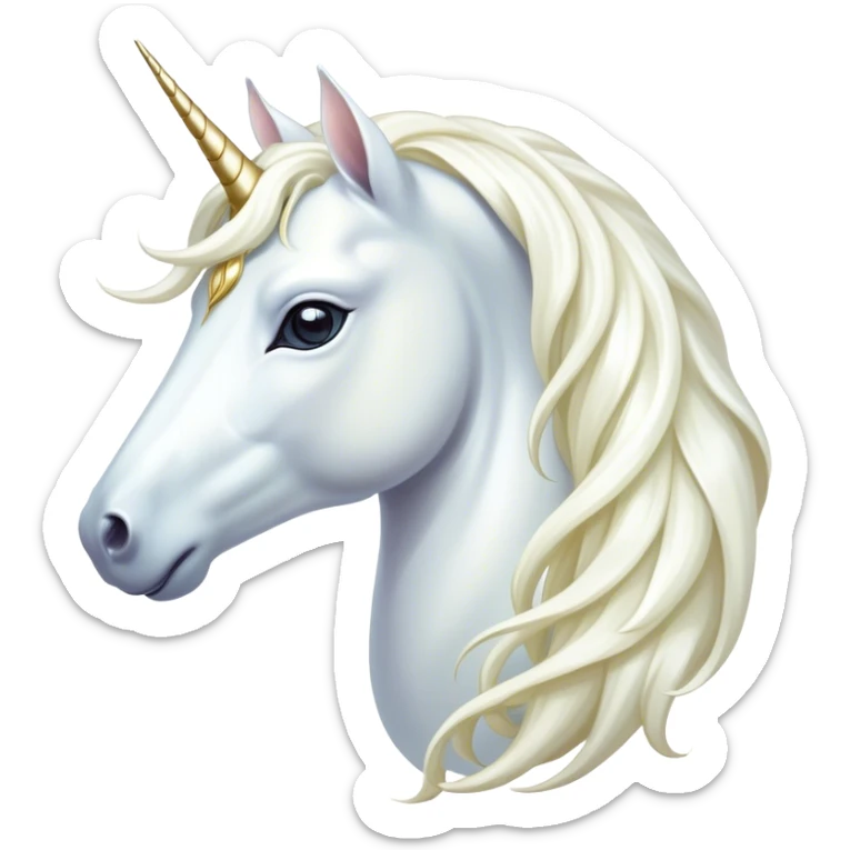 Cinematic Noble White Unicorn Portrait Emoji, Poised and regal, with a slender, ethereal form draped in a pristine white color, a flowing mane and tail, and a glistening, spiraled horn that radiates pure light, Simplified yet sharp and sophisticated features, highly detailed, glowing with a soft, iridescent luminescence, high shine, intelligent and transcendent, stylized with an air of mythical enchantment, focused and serene, soft glowing outline, capturing the essence of a watchful and confident white unicorn that appears ready to prance out of the screen with magical grace! sticker