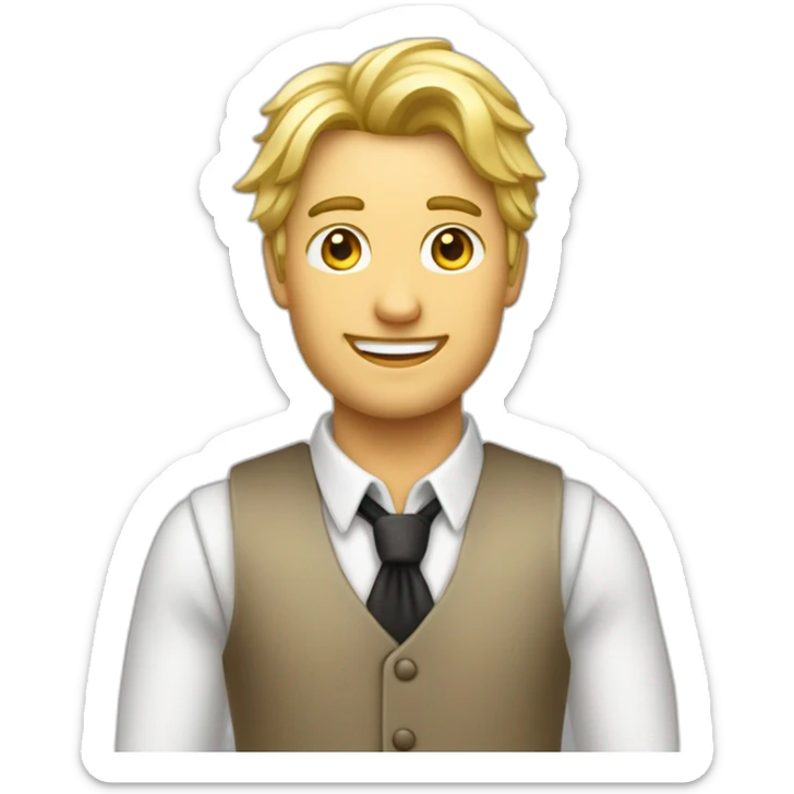 Homme blond décoiffé avec un jabot un gilet de costume et une chemise sticker