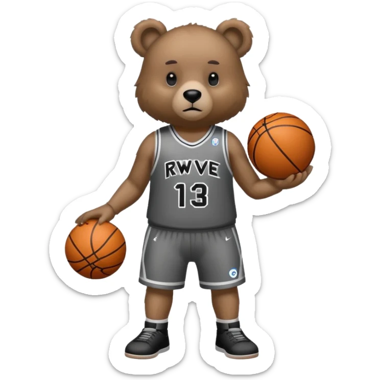 Bear with full body and wearing basketball black and gray jersey that says RWE  sticker