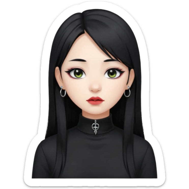 goth Asian girl, straight long black hair, lip piercing, black mock neck shirt sticker