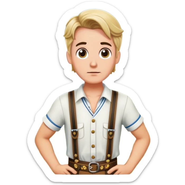 German person in Bavarian lederhosen shrugging with Sicily landscape in background sticker
