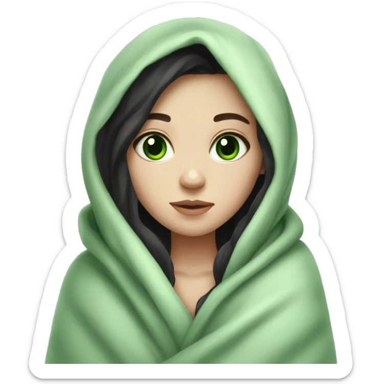 Pale girl with dark hair green eyes wrapped in a blanket cozy  sticker