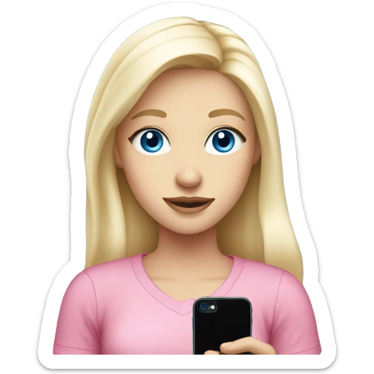 a blue eyed white blond hair girl wearing a pink shirt holding a pink iphone  sticker