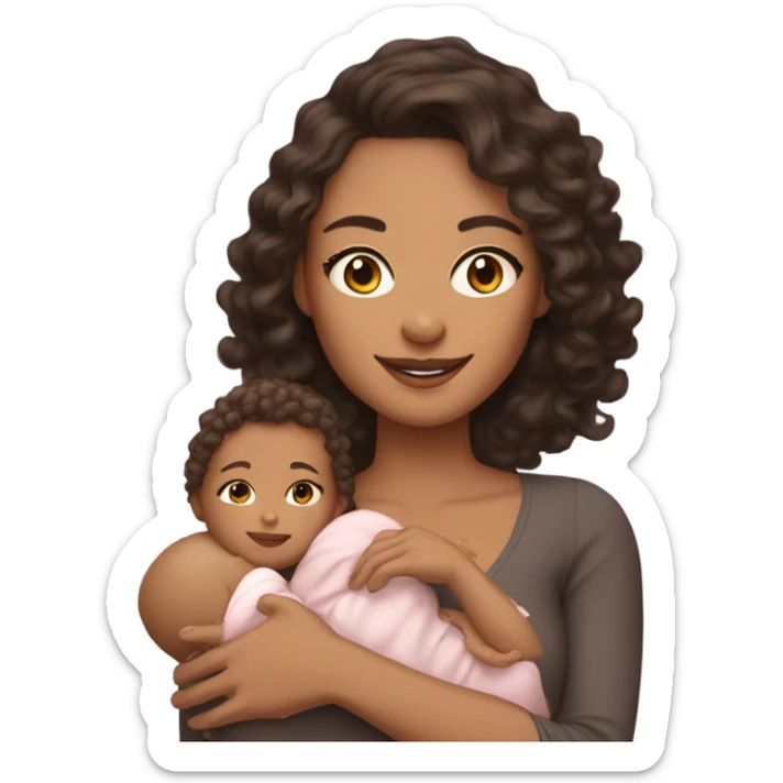 mom with light tan skin, shoulder length dark brown curly hair carrying 2 babies  sticker